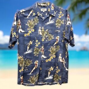 Campia Moda Hawaiian Shirt Mens L Blue Rayon VTG 80s-90s Pinup Girls Floral Surf
